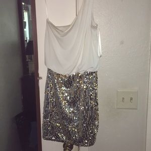 White gold and silver sequined one shoulder dress